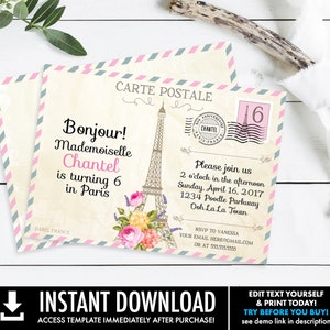Paris Postcard Invitation Paris Birthday , Postcard to Paris, First Birthday Self-Edit with CORJL INSTANT DOWNLOAD Printable Template image 1