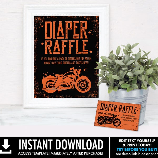 Motorcycle Baby Shower Diaper Raffle Game - Sign & Tickets/Cards, Born to Ride Shower | Self-Edit with CORJL - INSTANT DOWNLOAD Printable