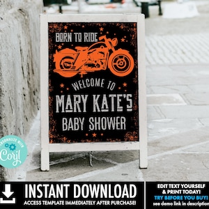 Motorcycle Baby Shower 18x24 Welcome Sign/Poster - Born to Ride Shower Sing | Self-Edit with CORJL - INSTANT DOWNLOAD Printable Template