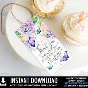 Butterfly Favor Tag 2.5x5 Lilac Thank You, Shower Tag, Bridal, Baby, Thank You Tag Self-Edit with CORJL INSTANT DOWNLOAD Printable image 1