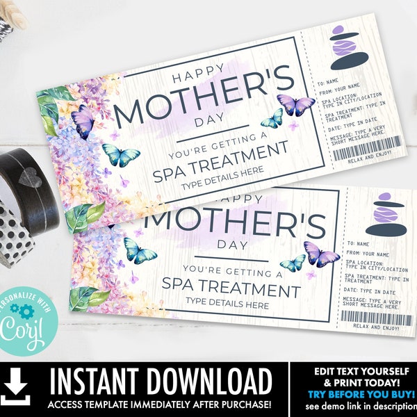 Mother's Day Spa Treatment Surprise Gift Voucher, Spa Day, Spa Gift Certificate | Self-Edit with CORJL - INSTANT DOWNLOAD Printable