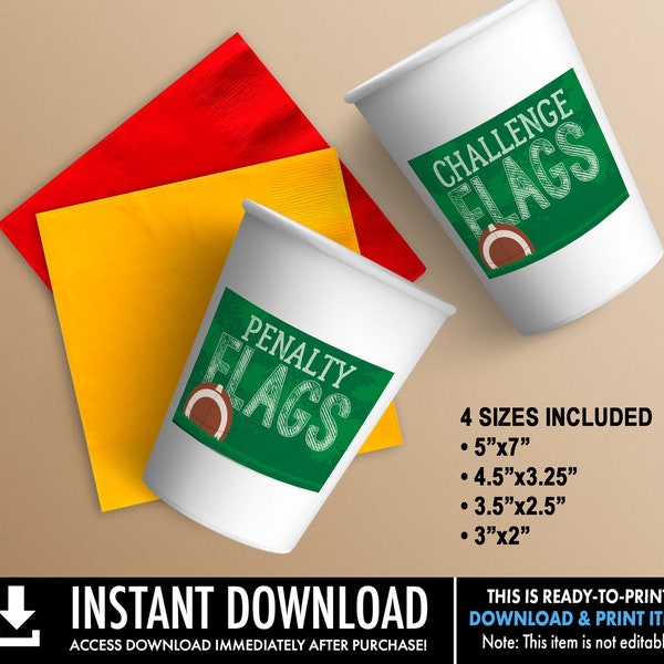 Football - Penalty & Challenge Flags Signs - Football Party,Bowl Party,Football Decor,4 Sizes Included | INSTANT Download PDF Printable Sign