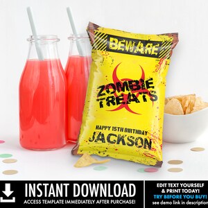May include: Yellow chip bag with a black and red biohazard symbol and the text "BEWARE ZOMBIE TREATS HAPPY 15TH BIRTHDAY JACKSON".