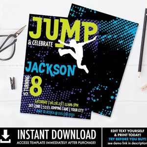 Jump Birthday Invitation - Trampoline,Jump & Play,Bounce On Over,Birthday Party | Self-Edit with CORJL - INSTANT DOWNLOAD Printable Template