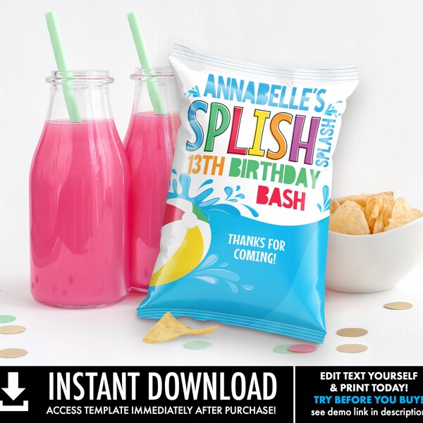 Pool Party Potato Chip Bag Wrap/Label/Template,Snacks Bag,Loot,Mini Chip Bag Favors | You Personalize using CORJL–INSTANT Download Printable