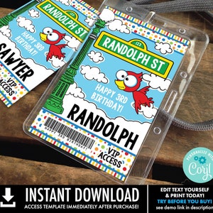 Sesame St ID Badges - VIP Party Badge, All Access Birthday Party Favor, Self-Editing | D.I.Y. Editable Text INSTANT Download Printable