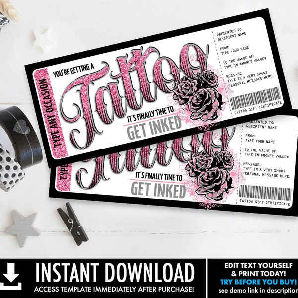 Tattoo Gift Certificate - Roses Design - Get Inked Gift Card Voucher - Valentine | Self-Edit with CORJL - INSTANT DOWNLOAD Printable