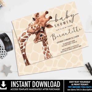 Giraffe Baby Shower Invitation - Giraffe Shower, Baby Shower Invite | Self-Editing with CORJL - INSTANT DOWNLOAD Printable