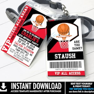 Basketball VIP ID Badge Invitation - Basketball Party Favor, All Star Badge | Self-Edit with CORJL - Instant Download Printable Template