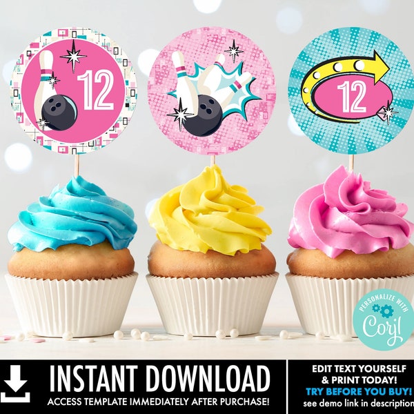 Bowling Party Cupcake Toppers - 2-inch CupcakeToppers & Cutouts, Bowling Birthday | You Personalize using CORJL - INSTANT DOWNLOAD Printable