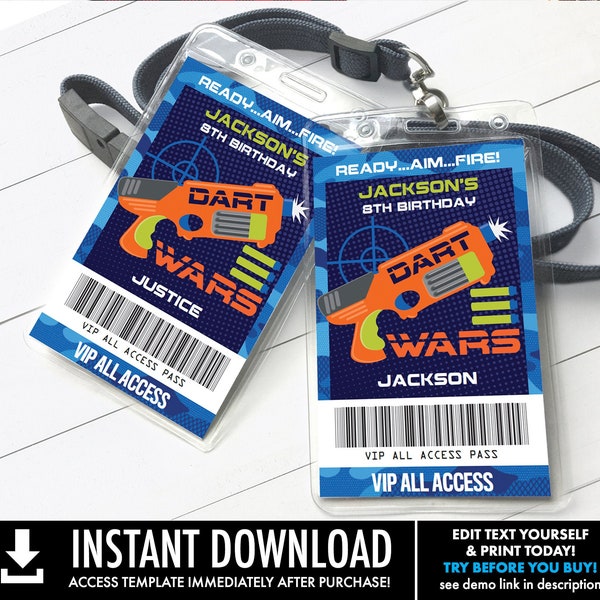 Dart Wars VIP Badge, Dart Wars Party, Dart Wars Party All Access Pass | You Personalize using CORJL - INSTANT Download Printable Template