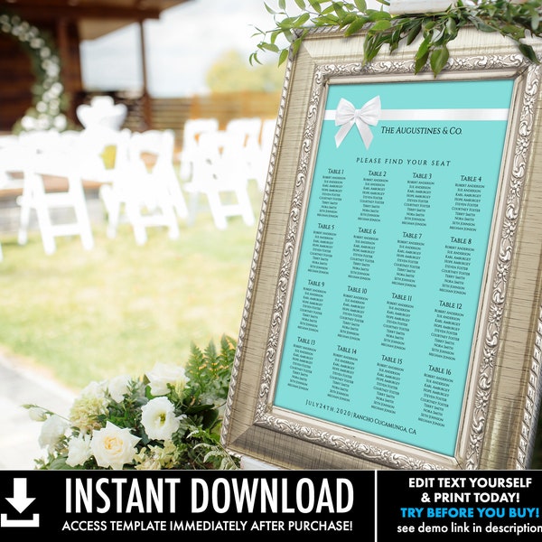 Seating Chart, Turquoise, Table Seating Chart, Birthday or Shower | Self-Edit with CORJL - INSTANT DOWNLOAD Printable