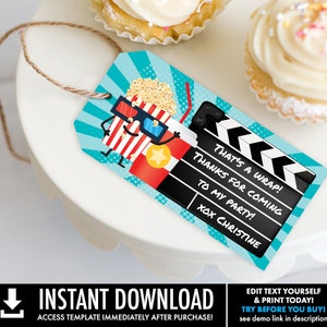 Movie Party Favor Tag - Movie Birthday Tag, Thank You Tag,Birthday Party Favors | Self-Edit with CORJL - INSTANT DOWNLOAD Printable Template