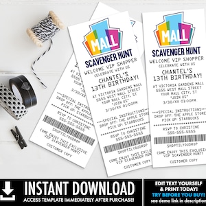 Mall Scavenger Receipt Invitation, Birthday Party Receipt Invite, Ticket Invite | Self-Edit with CORJL - INSTANT DOWNLOAD Printable Template