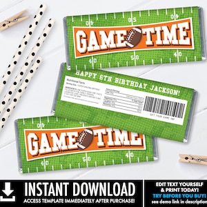 Football Candy Bar Label/Wrapper - Football Birthday, Tailgate, Bowl Party | Self-Editing with CORJL - INSTANT Download Printable