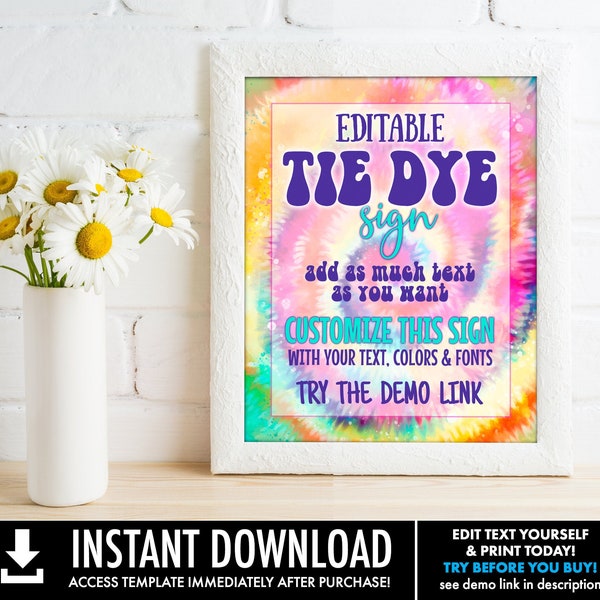 Editable Tie Dye Party Sign - 8x10 Sign, Custom Sign,Add Your Own Text,Birthday Sign | Edit Yourself with CORJL - INSTANT DOWNLOAD Printable