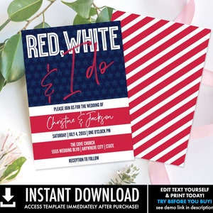 Red, White & I Do Wedding Invitation, 4th of July Wedding, Patriotic Wedding | Self-Editing with CORJL - INSTANT DOWNLOAD Printable