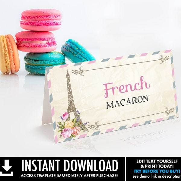 Paris Party Food Labels - Eiffel Tower Food Labels, Paris Place cards | Edit Yourself with CORJL - INSTANT DOWNLOAD Printable Template