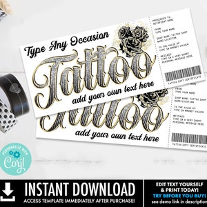 Tattoo Geschenkgutschein - Rose Design - Get Inked Geschenk Card Gutschein, Jeden Anlass | Selbst-Bearbeiten mit CORJL - INSTANT DOWNLOAD Printable