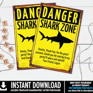 Shark Party 4&quot;x6&quot; Thank You Card- Shark Birthday, Shark Zone Thank You Card | Self-Editing with CORJL - INSTANT Download Printable