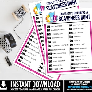 Mall Scavenger Hunt List Page - Mall Madness, Scavenger List, Shopping List | You Personalize CORJL - INSTANT DOWNLOAD Printable