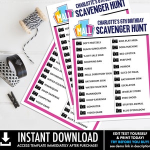 Mall Scavenger Hunt List Page - Mall Madness, Scavenger List, Shopping List | You Personalize CORJL - INSTANT DOWNLOAD Printable