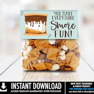S&#39;more Party Favor Bag Topper - You Make Everything S&#39;more Fun, S&#39;more 4&quot; Treat Topper | Self-Edit with CORJL - INSTANT DOWNLOAD Printable