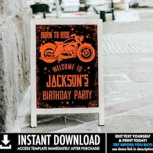 Motorcycle Birthday Welcome Sign/Poster - 18&quot;x24&quot; Born to Ride Party Sign | Self-Edit with CORJL - INSTANT DOWNLOAD Printable Template