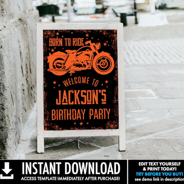 Motorcycle Birthday Welcome Sign/Poster - 18"x24" Born to Ride Party Sign | Self-Edit with CORJL - INSTANT DOWNLOAD Printable Template