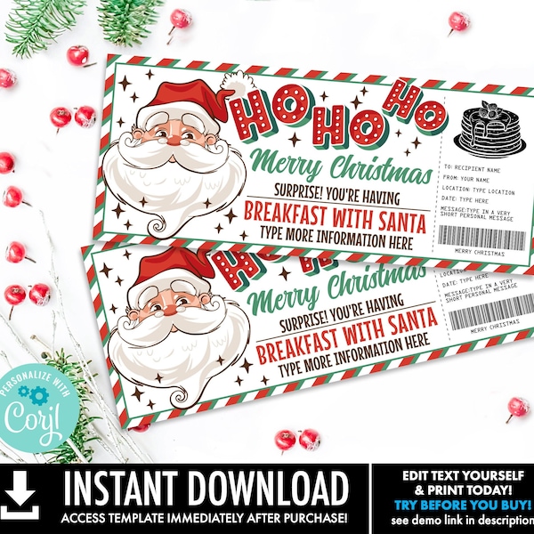 Breakfast with Santa Ticket, Pancakes with Santa, Photos with Santa,Santa Breakfast Ticket | Self-Edit with CORJL-INSTANT Download Printable
