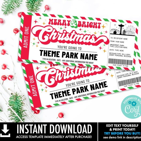 Christmas Theme Park Ticket Gift Certificate, Theme Park Ticket Voucher,Merry & Bright | Self-Edit with CORJL-INSTANT DOWNLOAD Printable