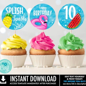 Pool Party Cupcake Toppers - 2" Circle Tag, Pool Blowup, Pool Gift Tag, Summer Party | Self-Edit with CORJL - INSTANT DOWNLOAD Printable