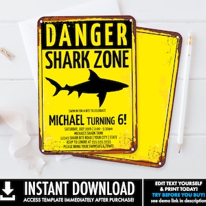 Shark Party Invitation - Shark Birthday Party, Shark Zone Invite, Shark Week | Self-Edit with CORJL - INSTANT DOWNLOAD Printable Template