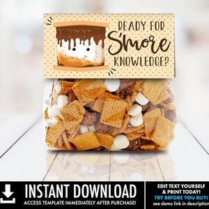 May include: Printable tag with a cartoon s'more graphic and the text "Ready for Smore Knowledge?"  The tag is attached to a clear plastic bag filled with a snack mix of cereal, marshmallows, and chocolate chips.