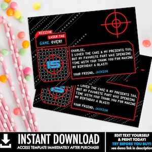 Laser Tag Thank You Card - 4&quot;x6&quot; Thank You Notes, Laser Tag Birthday | Self-Edit with CORJL - INSTANT DOWNLOAD Printable