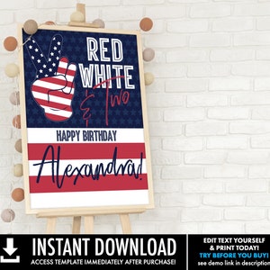 Editable Red White Two 4th Of July Birthday Sign - Second Birthday Sign  | Self-Edit with CORJL - INSTANT Download Printable