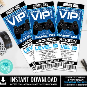 May include: A blue and white printable game truck party invitation with the text "Game Truck VIP" and "It's time to get your game on". The invitation includes the text "Jackson has unlocked level 10" and details for a party on Saturday, 6th March at 12:00 PM.