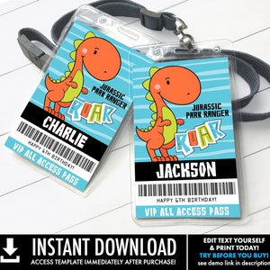 Dinosaur Party VIP Badge - Dinosaur Birthday, Jurassic Park, All Access Pass | Self-Edit with CORJL - INSTANT Download Printable Template