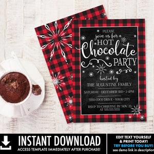 Hot Chocolate Party Invitation - Hot Chocolate Bar, Buffalo Plaid,Hot Cocoa Bar | Self-Edit with CORJL - INSTANT DOWNLOAD Printable Template