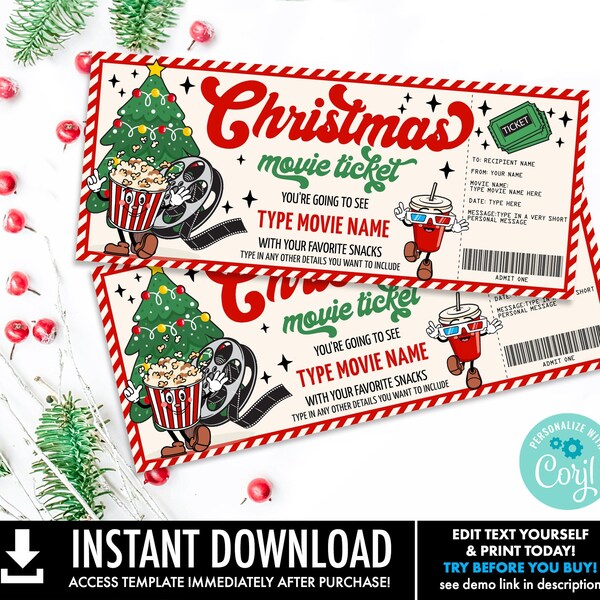 Retro Christmas Movie Tickets, Movie Tickets, Movie Night Gift Voucher, Family Night | You Personalize with CORJL-INSTANT DOWNLOAD Printable