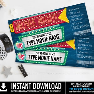 Pu&ograve; includere: Modello di biglietto per la serata cinema stampabile con un cartello a marquee rosso e giallo che dice "Serata cinema". Il modello ha spazio per digitare il nome del film, la data e un messaggio personale. Il testo "Stai per vedere" &egrave; stampato sul biglietto.