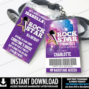 Rock Star Party VIP Badge Invitation, Party like a Pop Star, Rock n Roll You Personalize using CORJL INSTANT Download Printable Template image 1