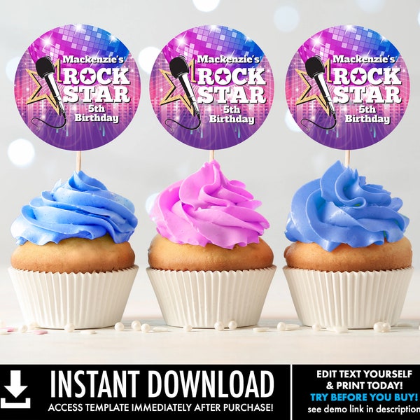 Rock Star 2" Tag/Cupcake Toppers - Rockstar Birthday, Rock Star Party | Self-Edit with CORJL - INSTANT DOWNLOAD Printable Template