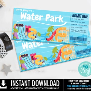 Water Park Gift Certificate, Water Park Surprise Gift Voucher | Self-Edit with CORJL - INSTANT DOWNLOAD Printable Template