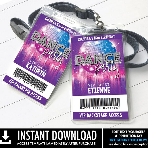 Dance Party VIP Badge, Disco Dance Party, Rock n Roll Party, All Access Pass | Self-Editing with CORJL - INSTANT Download Printable