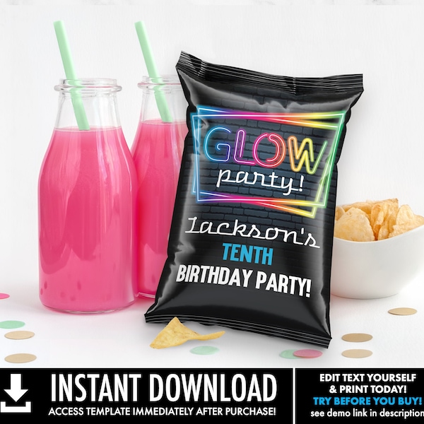 Glow Party Potato Chip Bag Wrap/Label/Template - Snacks Bag, Loot, Mini Chip Bag Favors | Self-Edit with CORJL - INSTANT Download Printable