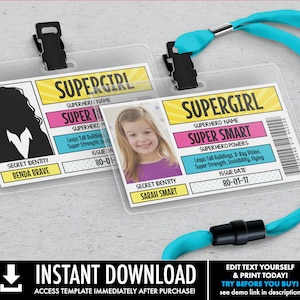 Supegirl Badges - Supergirl/Superhero ID Badge, Superhero Birthday Party Favor | Self-Edit with CORJL - INSTANT Download Printable