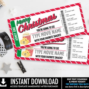 Vale-presente de ingresso de cinema de Natal, surpresa de noite de cinema em família | Autoedição com CORJL - INSTANT DOWNLOAD para impressão