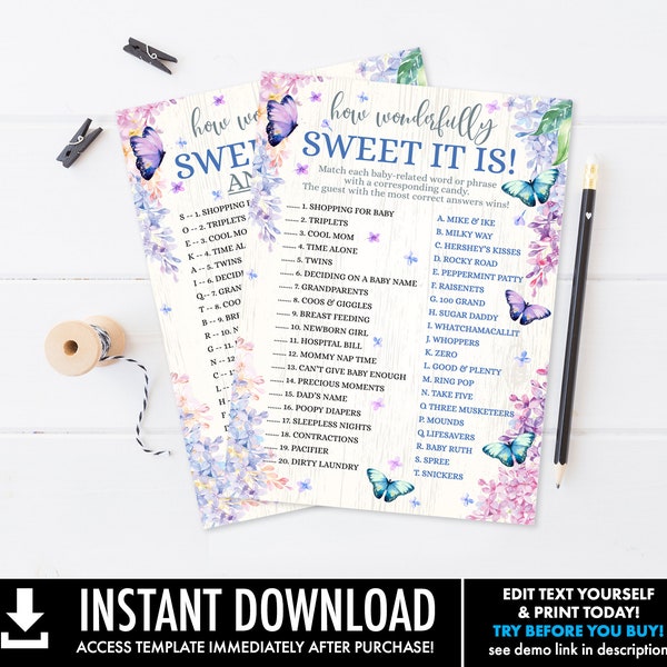How Sweet It Is Candy Bar Match Baby Shower Game, Candy Shower Game, Butterfly & Flowers | Self-Edit with CORJL - INSTANT Instant Printable