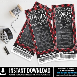 May include: Red and black plaid ticket-style invitation for a "Flannel and Frost Christmas Party" on December 16th from 6:00-10:00 PM. The party is at the Amburgey's, 5555 Cocoa Drive, and guests are asked to bring a dessert to share. RSVP to Cassandra at 555.555.5555.